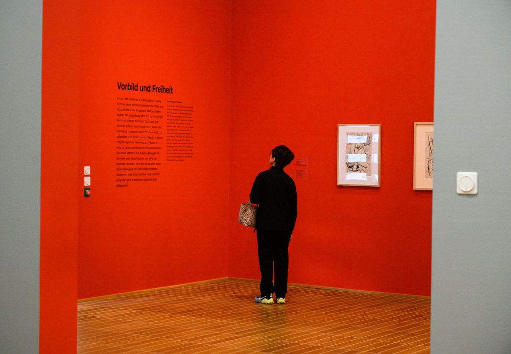 Besucherin liest den Wandtext im roten Raum